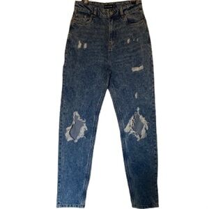 PrettyLittleThing High Waisted Distressed Mom Jeans - Blue - Size 2